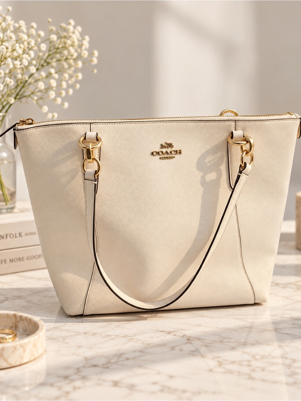 Coach Ivory Cream Leather Zip Top Tote Bag Gold Hardware | Quiet Luxury Handbag